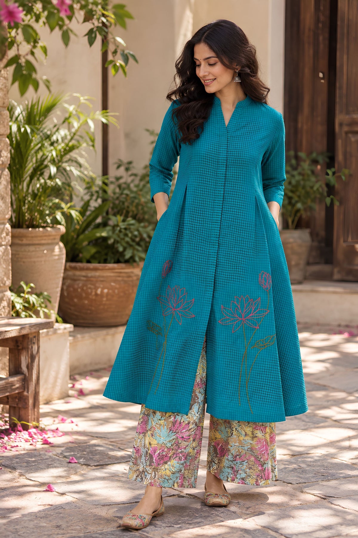 Teal Blossom Kurta Set
